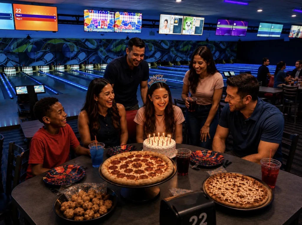 Guests celebrating a birthday party at Strikers Sunrise bowling alley with food, drinks, modern seating, and illuminated bowling lanes in the background.
